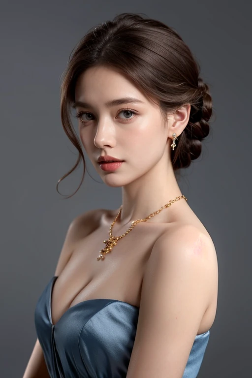 8K, ultra hd, masterpiece, very realistic, 1 girl, elegant, jewelry, accessories, earrings, necklace, 19th century dresses,4 dresses, 19th century, french girl, medium breasts, radom hairstyles, 4 hairstyles, brown hair, blue eyes, perfect lips, golden ratio,