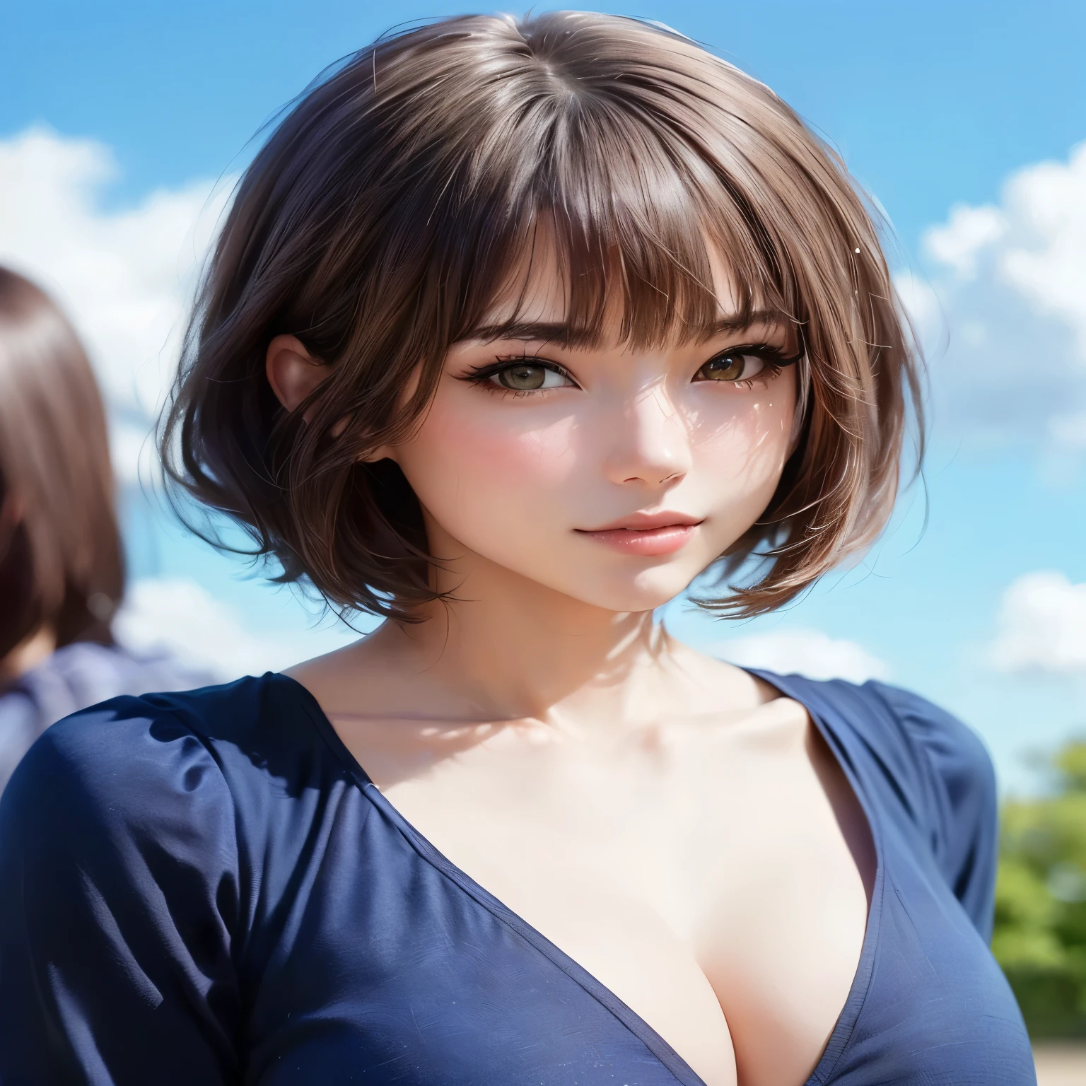 Close-up of a woman with very large breasts, With short hair, With short hair with bangs, Stylish hair with bangs, Face of a beautiful Japanese girl, With bob cut, White hem haircut, Short brown hair with bangs, Nice face girl, Medium short hair الطول, Medium short hair, French bob, Black hem haircut