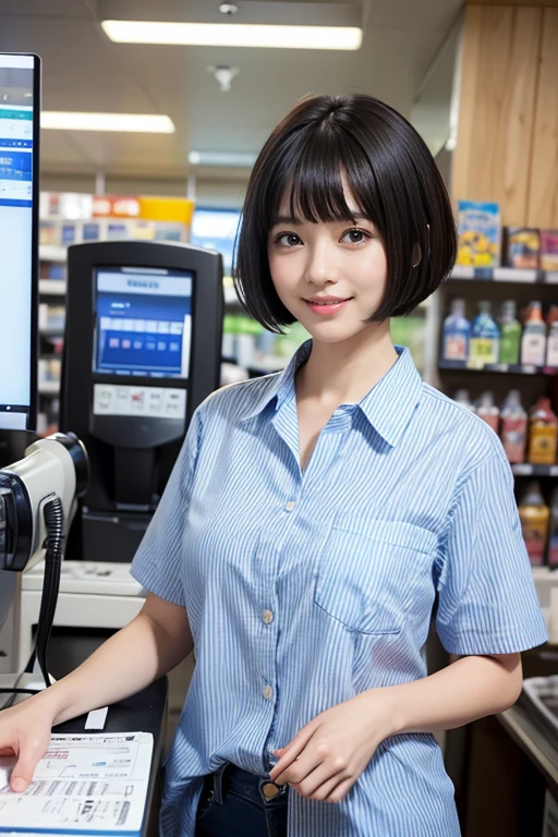 highest quality, masterpiece, 8k, ultra high resolution, (realistic: 1.4), 1 girl, beautiful face, symmetrical eyes, big, perfect body proportions, ((short cut hair))、((Bangs Patsun)), Convenience store cashier clerk、(Blue and white stripes、Convenience store uniforms)、the gaze of the beholder, (Inside the cash register of a convenience store: 1.2), Front view, Absolute area (1.3),friendly smile、cowboy shot