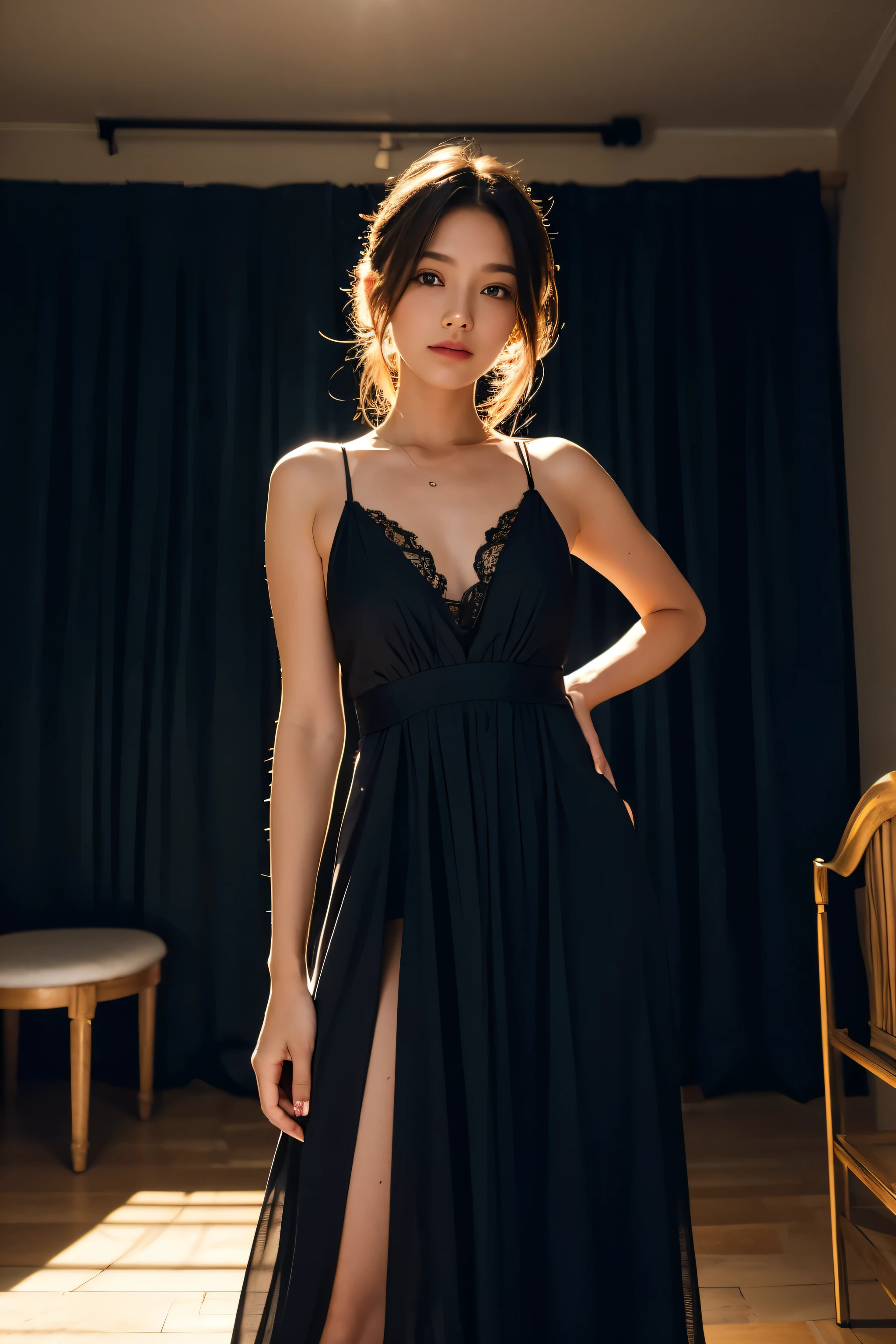Model and background intact, Belle femme portant une robe dans l'darkness, Narrow room, Background with colorful lights reflecting, Pose of the model,