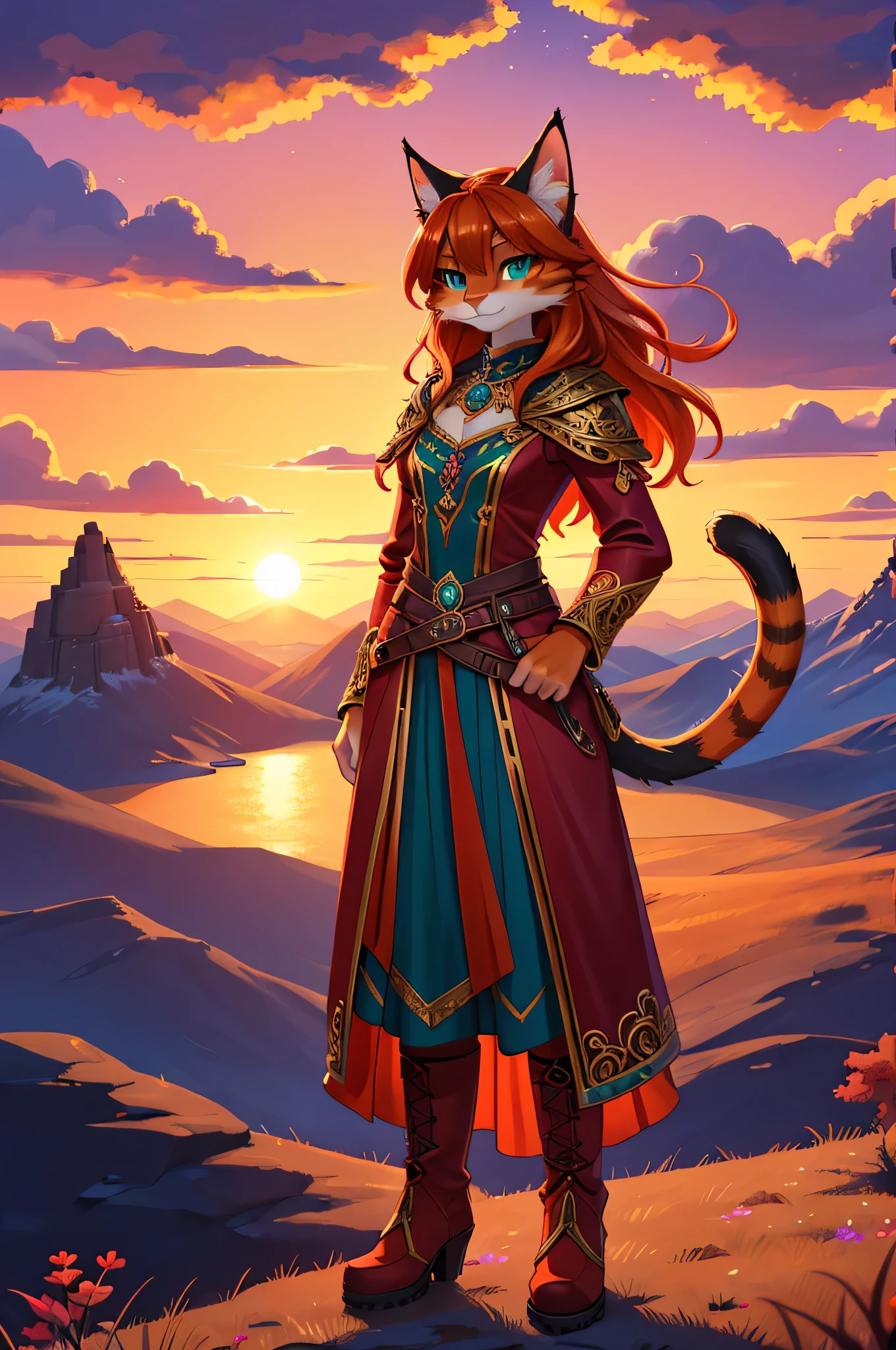 bright colors, fantasy style art, looking at viewer, facing viewer, beautiful anthropomorphic female cat, mature and young, tall character, 5 feet 11 inches tall, teal eyes, orange skin, long wavy bright orange hair, shapely body, skinny body, healthy body, orange furry cat skin, long fluffy cat tail, correct anatomy, correct tail, purple and red warrior outfit, ornate red clothes, fancy purple patterns and symbols, 2 red dress coattails hanging down her sides, high brown leather boots, long draping red sleeves, standing on top of a mountain, at the mountain peak, sunset, brilliant cloudy sky, sunset lighting up the clouds, high quality digital art, 2k, professional illustration, highly detailed