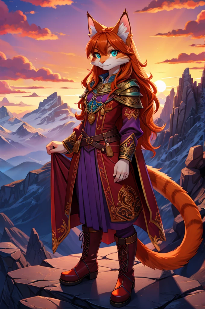 bright colors, fantasy style art, looking at viewer, facing viewer, beautiful anthropomorphic female cat, mature and young, tall character, 5 feet 11 inches tall, teal eyes, orange and white skin, long wavy bright orange hair, shapely body, skinny body, healthy body, orange and white furry cat skin, long fluffy cat tail, correct anatomy, correct tail, purple and red warrior outfit, ornate red clothes, fancy purple patterns and symbols, 2 red dress coattails hanging down her sides, high brown leather boots, long draping red sleeves, standing on top of a mountain, at the mountain peak, sunset, brilliant cloudy sky, sunset lighting up the clouds, high quality digital art, 2k, professional illustration, highly detailed