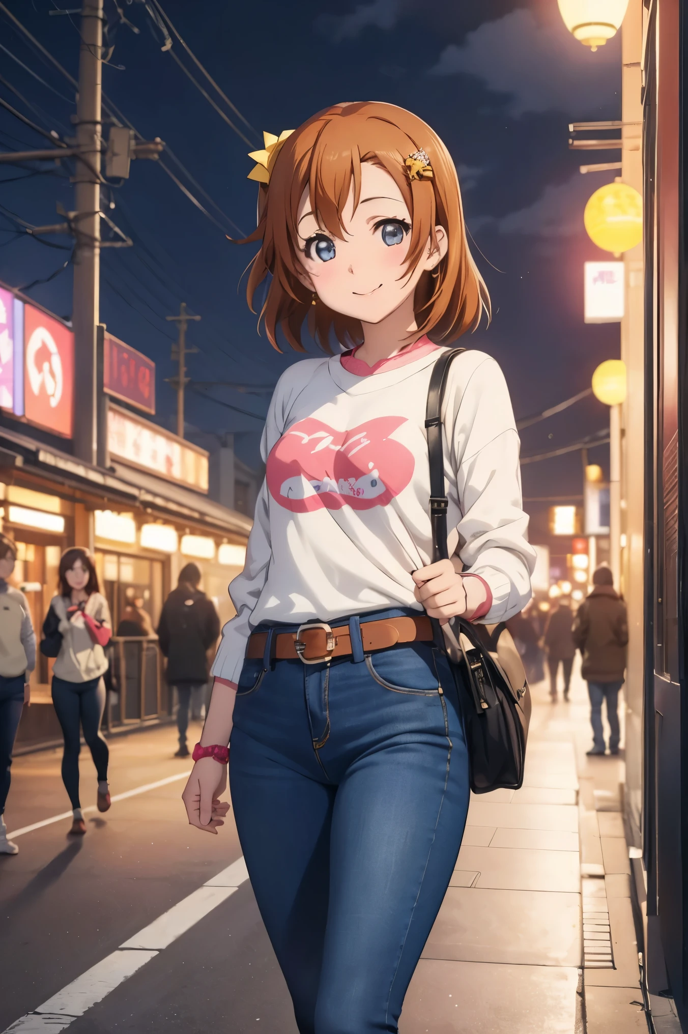 Kousaka honoka, night, train station, tight jeans pants,sweater top,arms behind back, short hair, hair ornament, crotch lines, upper body , cute girly belt、Eating around、Eating delicious food、Eating sweets with a smile