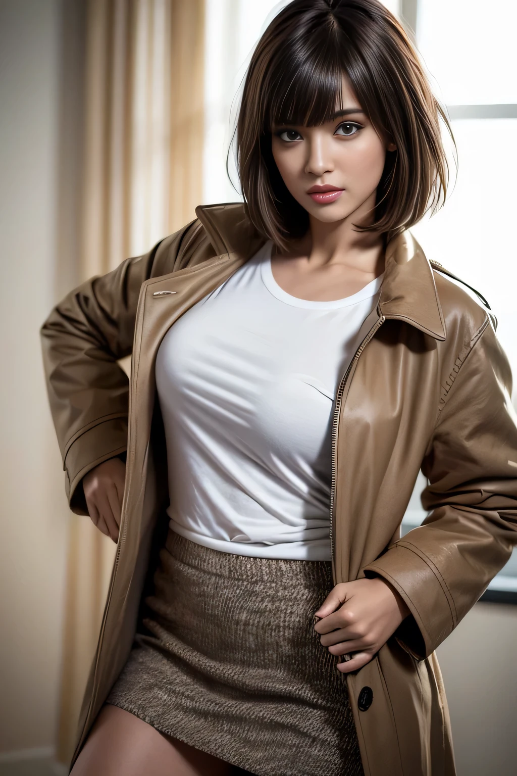 T-shirt, coat, , (photorealistic:1.4), (best quality:1.0), (ultra highres:1.0), 8k, RAW photo, (masterpiece:0.2), wear mini skirt, panty drop, a beauty Pakistan model, detailed skin, looking at viewer, brown eyes, (short hair with bangs:1.2), (large breasts:1.0), (large areolae:0.8), , (pureerosface_v1:0.5)