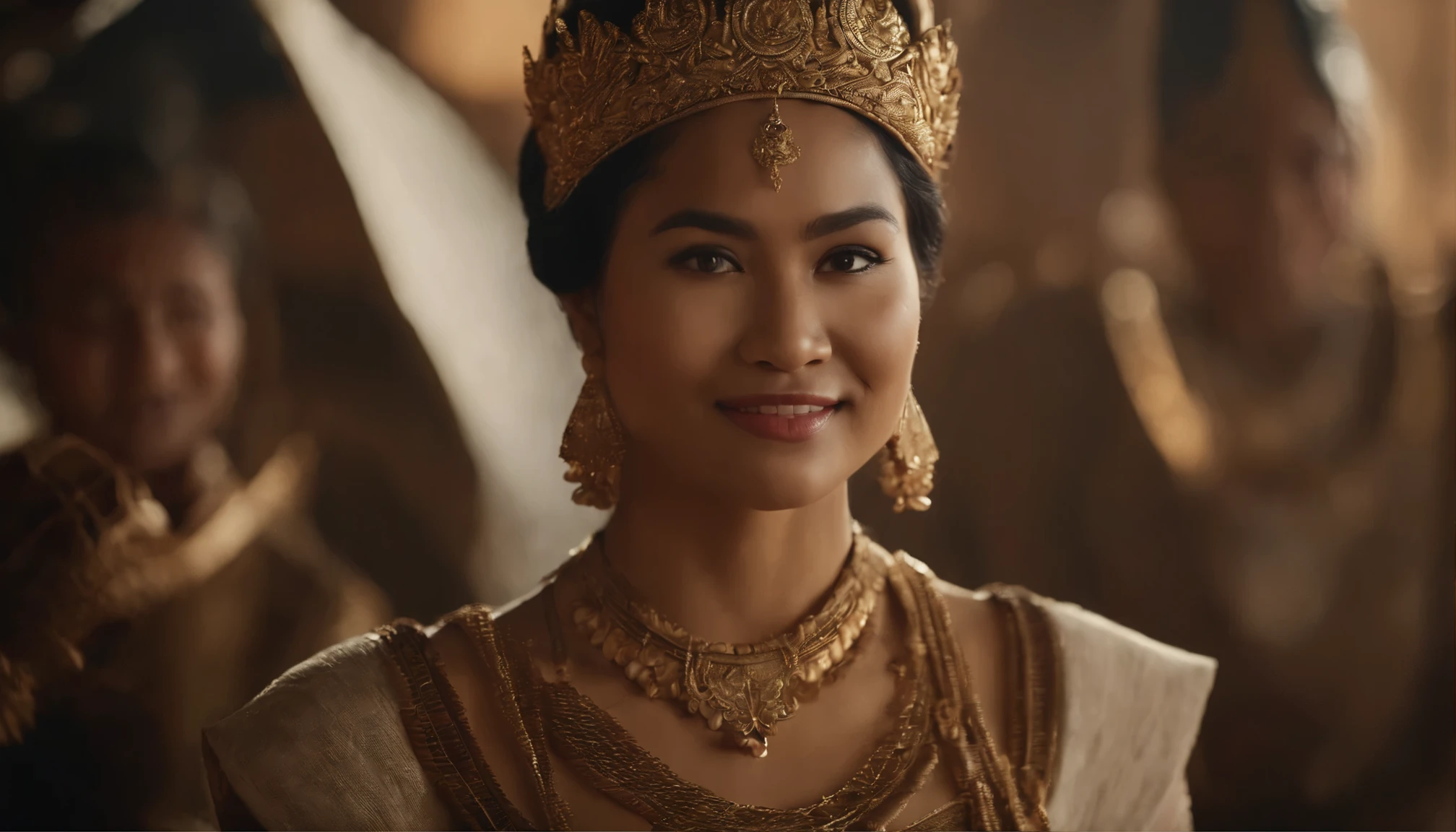 3D Princess Wekoila, with a beautiful ancient Indonesian face, dressed as a king's daughter, weapons behind her shoulders in the form of round wrapped rattan, brownish white skin, surrounded by horsemen, big, tall, slim body full of solid charm and smiling.