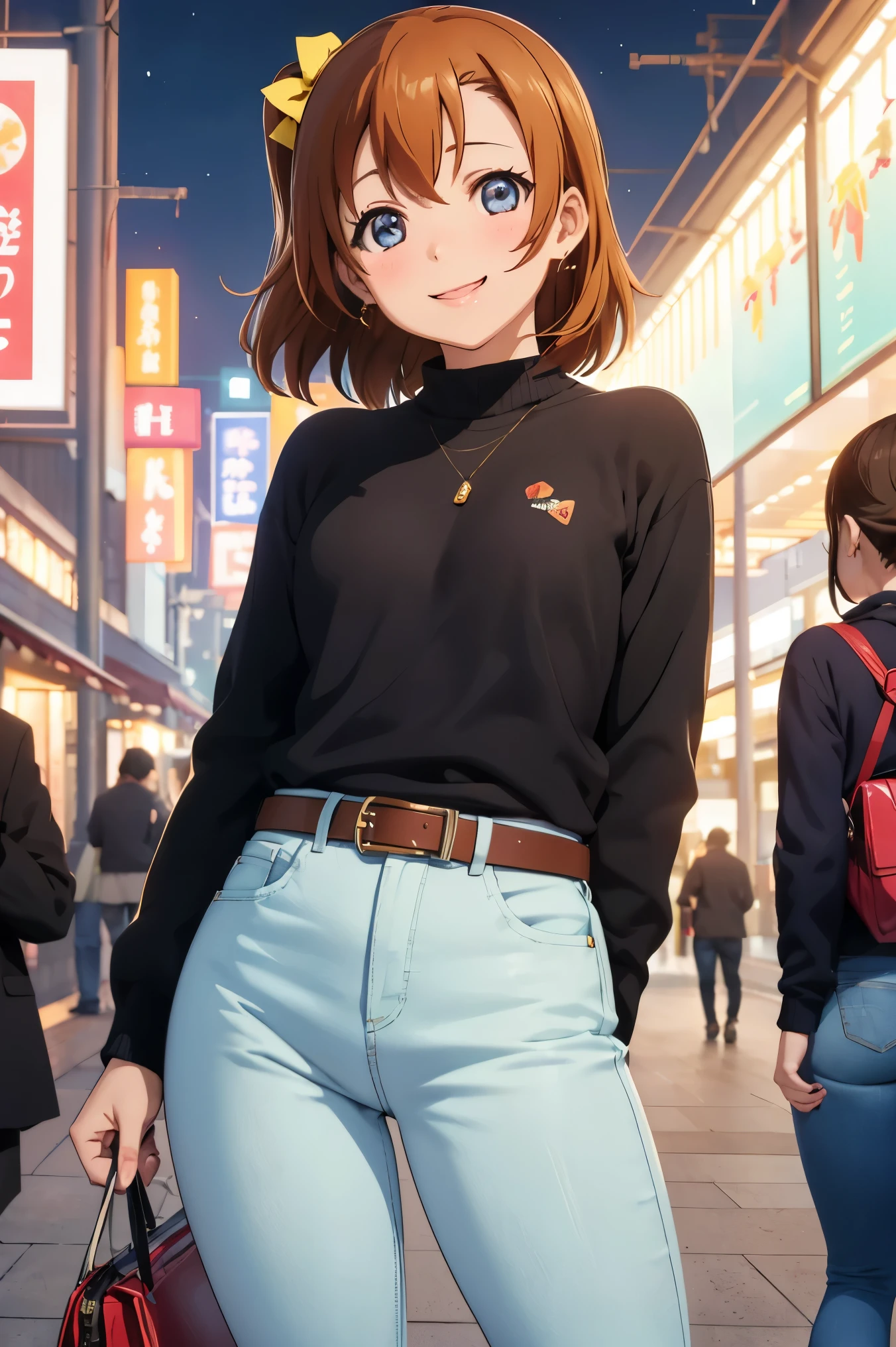 Kousaka honoka, night, train station, tight jeans pants,sweater top,arms behind back, short hair, hair ornament, crotch lines, upper body , cute girly belt、Eating around、Eating delicious food、Eating sweets with a smile