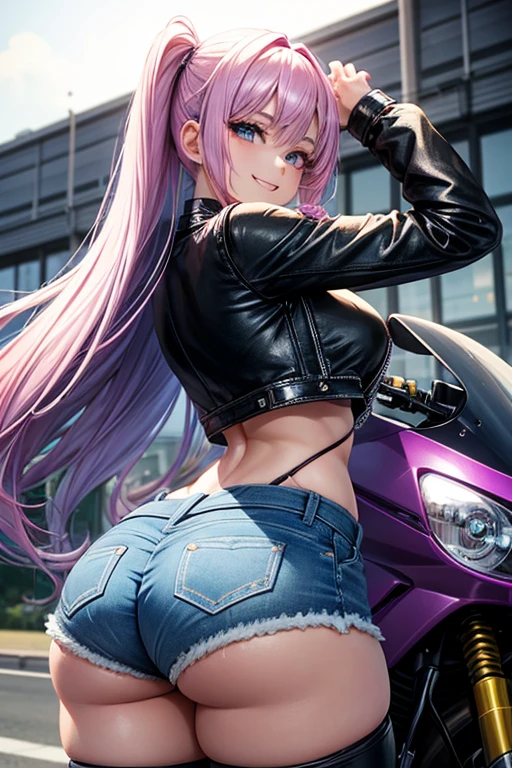 Draw Camila, an anime-style female character.  long lilac hair reaching her waist with baby bangs, blue eyes, lilac eyebrows, smile on her face.  small breasts, thin waist, very large and perky ass, thick shapely thighs.  She is wearing short, tight jeans and shorts and a short black leather jacket.  riding a powerful motorcycle on the road at high speed with the body leaning over the motorcycle.  pink helmet.  view from behind.  rainy night.