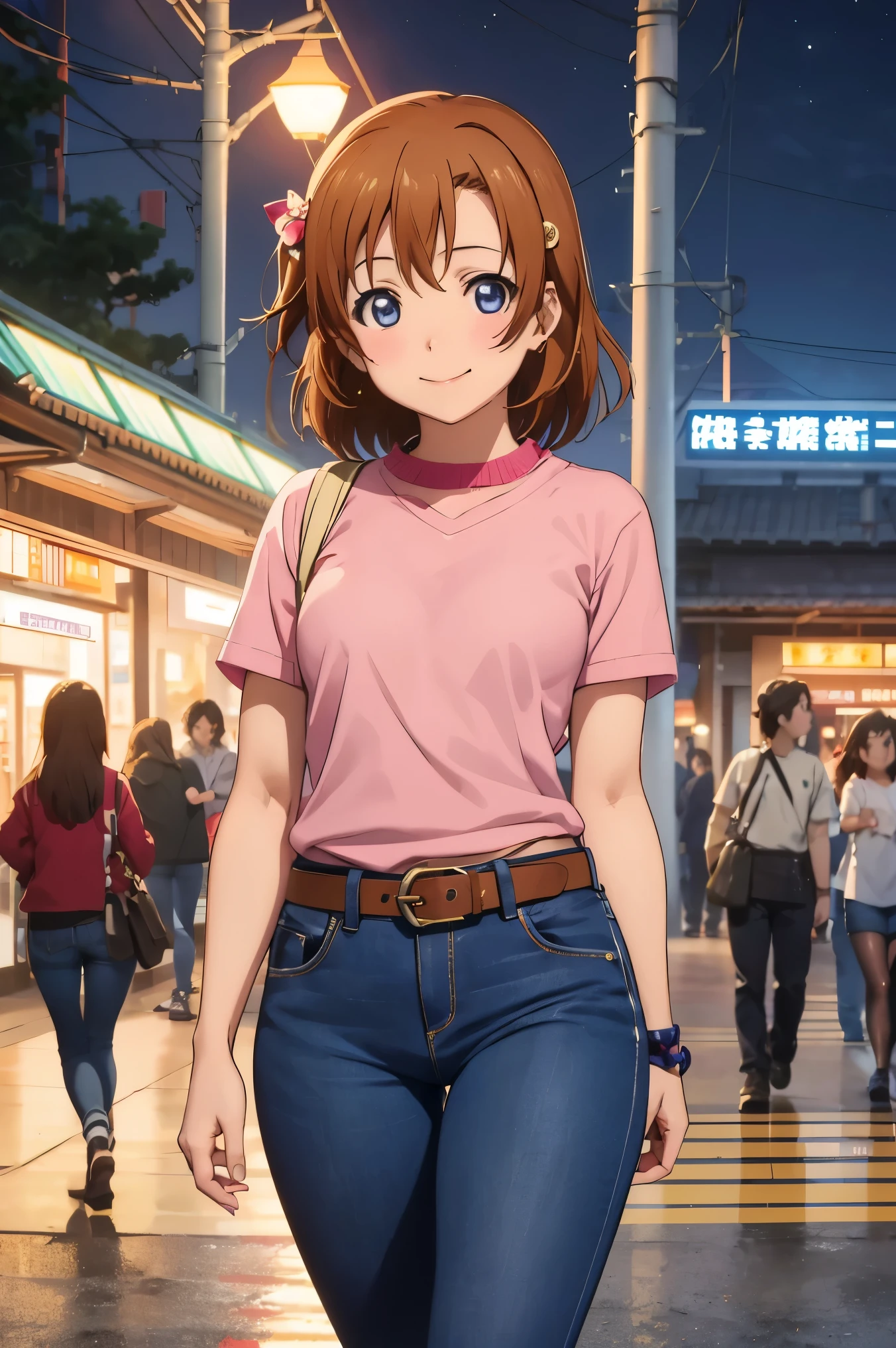 Kousaka honoka, night, train station, tight jeans pants,sweater top,arms behind back, short hair, hair ornament, crotch lines, upper body , cute girly belt、Eating around、Eating delicious food、Eating sweets with a smile