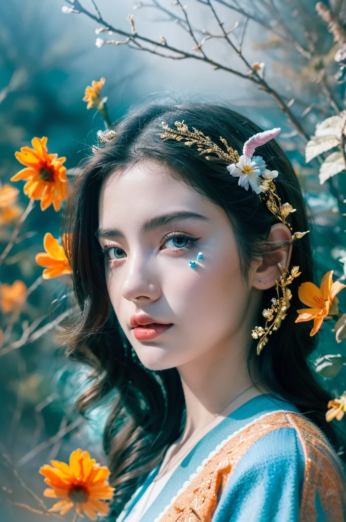 ( masterpiece, top quality, best quality,8k,17 years old girl,ultra detailed,raw photo:1.5),(photorealistic:1.4), (cinematic lighting), PerfectNwsjMajic, , Surrealism, UHD, ccurate, Super detail, textured skin, High detail, Best quality, dynamic angle, White skin,[Beautiful blue eyes], high nose,[flat chest:large breasts:0.5],(1girl),((good anatomy:0.5)),(covered in flowers:1.4), night sky, joint, interested in, fire and ice, (The image is divided into two，Available in a variety of colors:2), eyes blues, sapphire, liquid metal, night sky, (Look at an angle:1.3), (fire and ice), ((Lower chrome)), (hairpin:1.4), (forest:1.3), (fog: 1.3),  Subtle colors and tones, mystical aura ,dreamy atmosphere,expressive brush strokes, mystical ambiance, Artistic interpretation,Wonderland, blue glowing flowers tone, upper body, long hair,