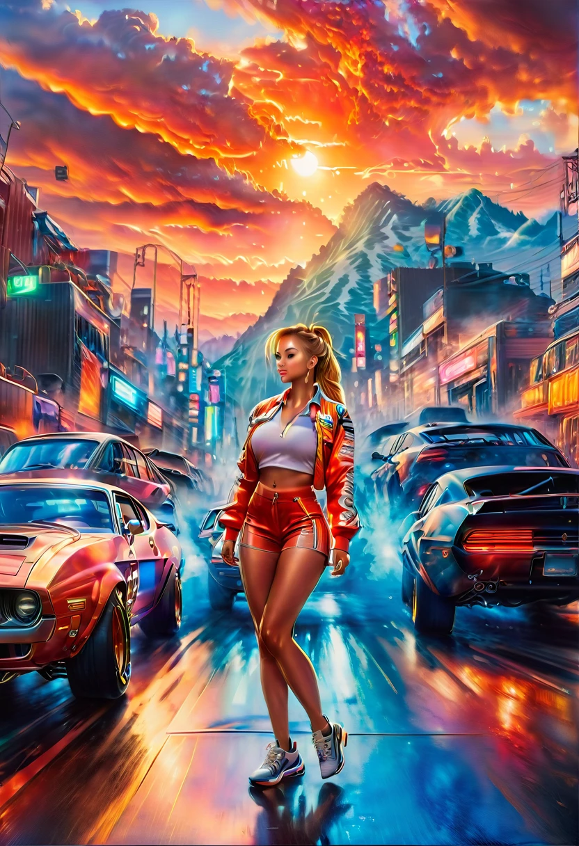 A young woman wearing (tight, fitted, snug) high cut booty shorts and cropped shirts stands between two (powerful, sleek) Muscle Cars to start a race, engine roaring, in the backdrop of a vibrant Sunset. (Best quality, 4k, highres, masterpiece:1.2), ultra-detailed, (realistic, photorealistic, photo-realistic:1.37) prompt, with (HDR, UHD) quality and (studio lighting, sharp focus), high ponytail, copper-blonde hair, large breasts, bright light, perfect eyes, skin blemish, detailed skin, full person



