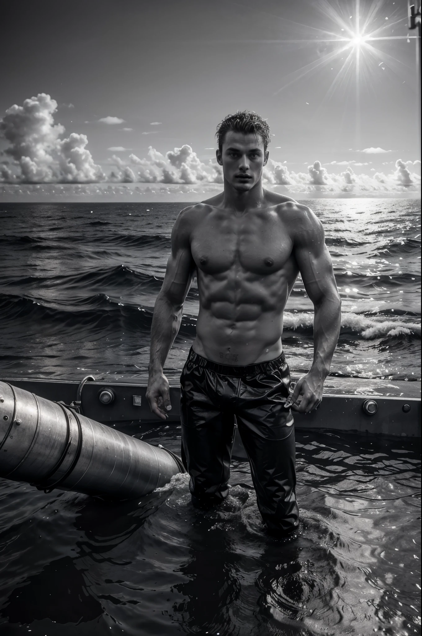 Male fashion photography photo, full body shot,(((handsome naked young manly sexy christian hogue))), working on an oil platform, black and white photo, dramatic poses and light and dark composition, the North Atlantic Ocean is famous for its rich oil reserves under the sea, illuminated by the distant sea surface. Attracted by the mysterious light, he developed a strong interest in the oil platform standing in the sea. Photographers and staff recorded their lives while repairing the ship and on the deck, photos taken during the journey, and historical images of the oil drilling platform collected by the photographer. It depicts the transformation and decline of the natural gas and oil industries in the past and present, highlighting the changes and time this ocean has experienced.
