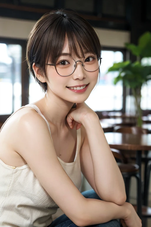 highest quality, masterpiece, ultra high resolution, (realistic:1.3), (close portrait) RAW photo, 1 girl, 22 years ago,(((Black mini skirt dress))),((Square glasses with thin black frames)),((short cut wolf cut hair)),masterpiece, realistic pictures, japanese pictures, fuji negative film,Pocari Sweat Advertisement ((Medium chest)),((smile showing teeth)),black hair,