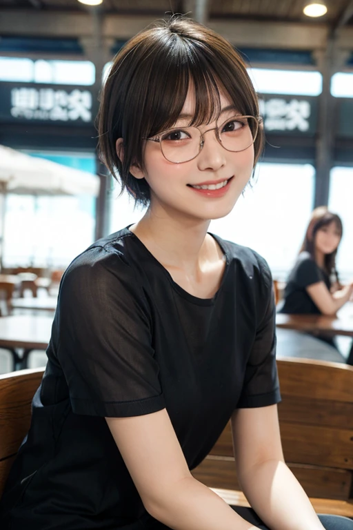 Japan girl in casual clothes in a shopping mall, looking at the viewer, posing with a smile (highest quality, masterpiece))), high resolution, very detailed, masterpiece, cinematic lighting, (8K, highest quality, masterpiece: 1.2), (realistic, photorealistic: 1.37) Hi-Res, Super Detail, 1 Girl, Woman with Glasses, Thin Frame Round Glasses, Light Colored Glasses Frame, asian, cute, cute face, solo, short hair 1.2, textured skin, beautiful smile, beautiful detailed sky, detailed café, night, movie lighting, depth of field, lens flare light, sitting, dating, (blushing), (smile: 1.15), small breasts (mouth closed), eyes with beautiful details, (short hair: 1.2), floating hair Nova Frog style,