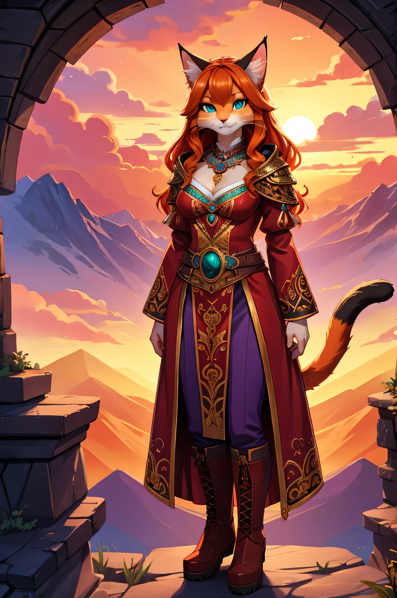 bright colors, fantasy style art, looking at viewer, facing viewer, beautiful anthropomorphic female cat, mature and young, tall character, 5 feet 11 inches tall, teal eyes, orange and white skin, long wavy bright orange hair, shapely body, skinny body, healthy body, orange and white furry cat skin, long fluffy cat tail, large chest, big bust, correct anatomy, correct tail, purple and red warrior outfit, ornate red clothes, fancy purple patterns and symbols, 2 red dress coattails hanging down her sides, high brown leather boots, long draping red sleeves, standing on top of a mountain, at the mountain peak, sunset, brilliant cloudy sky, sunset lighting up the clouds, high quality digital art, 2k, professional illustration, highly detailed