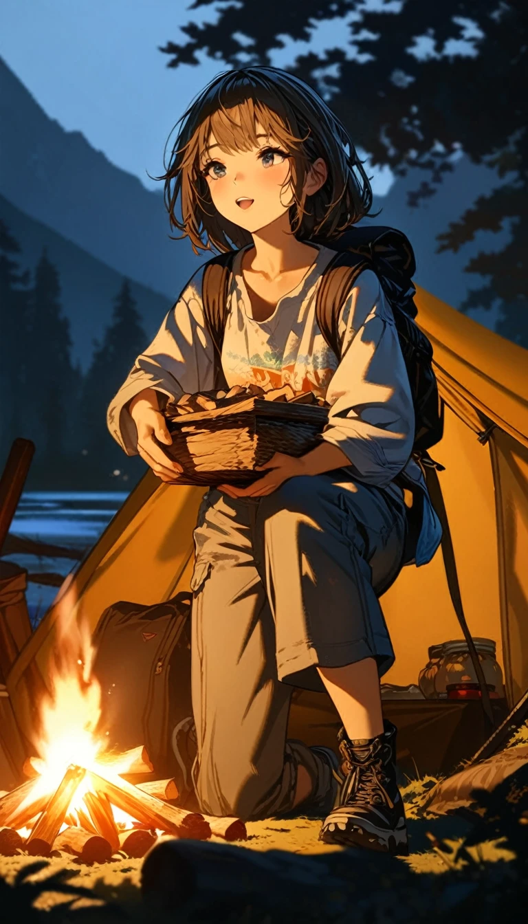 1 girl, ((super detailed, high resolution, super detailed, top quality, amazing, top quality, highly detailed CG Unity 8k wallpaper, cinematic lighting)), Camping, lakeside at noon, tent and camping gear, girl carrying firewood next to tent, firewood, good times, wide open spaces, soft campfire light, great memories,