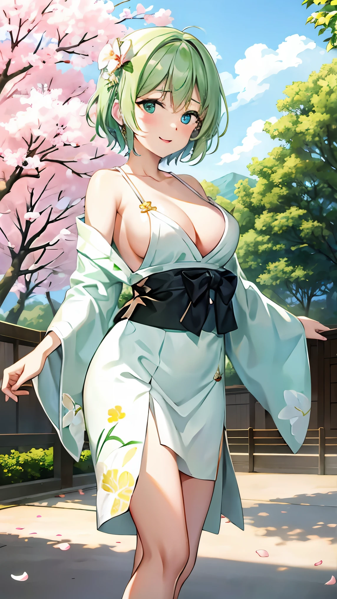 Girl with short green hair, Small breasts, Green Eyes, White Casual Beauty Special、(((tits))),Full body photo from head to toe、Kimono、Patterned Japanese clothing、Cherry tree in full bloom、Fluttering petals、Dance、Dancer、Dancing on stage、
