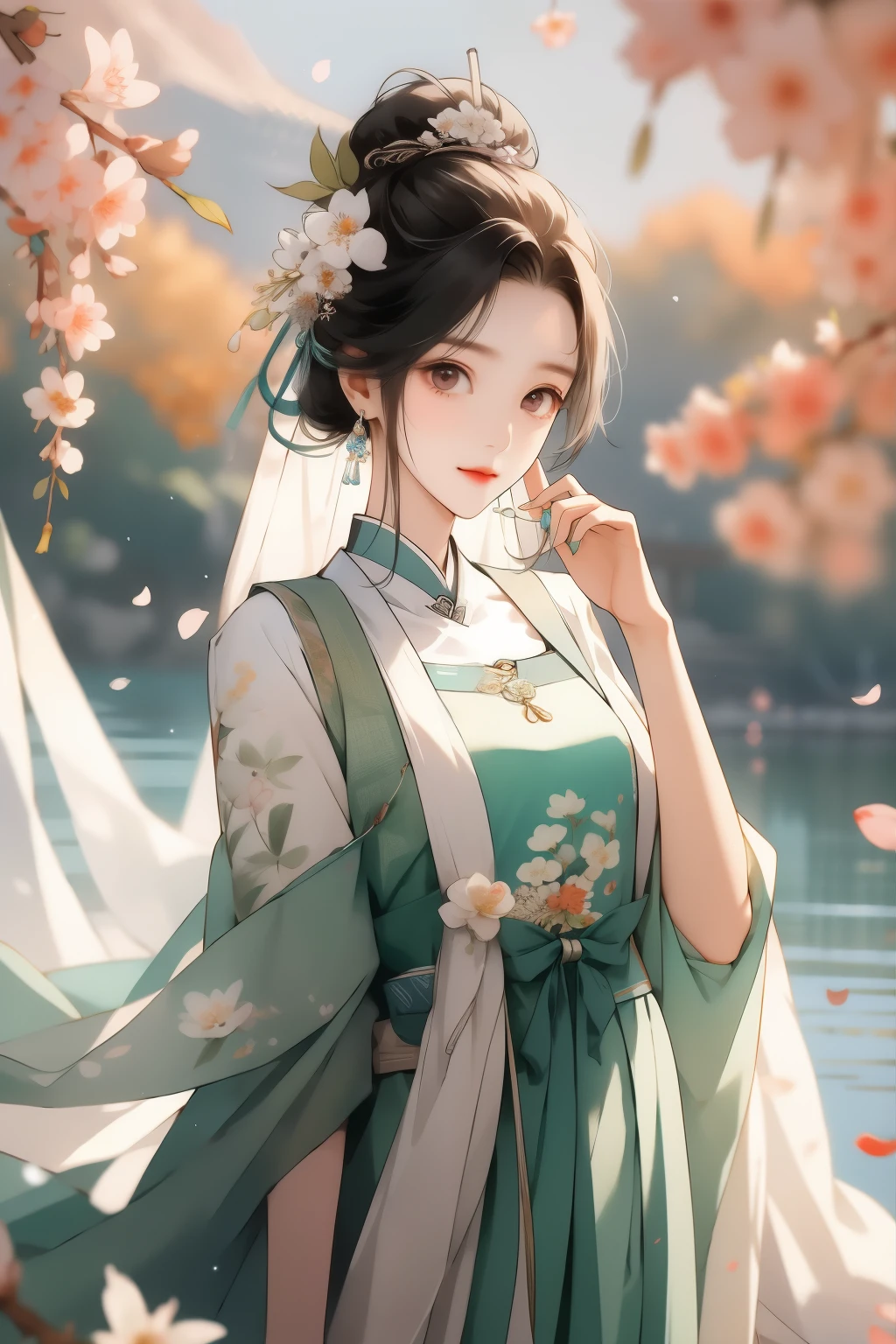 cherry_Blooming flowers, fall_petal, Solitary,1 sister,upper body, Looking at the audience,,Detailed face,Delicate eyes,