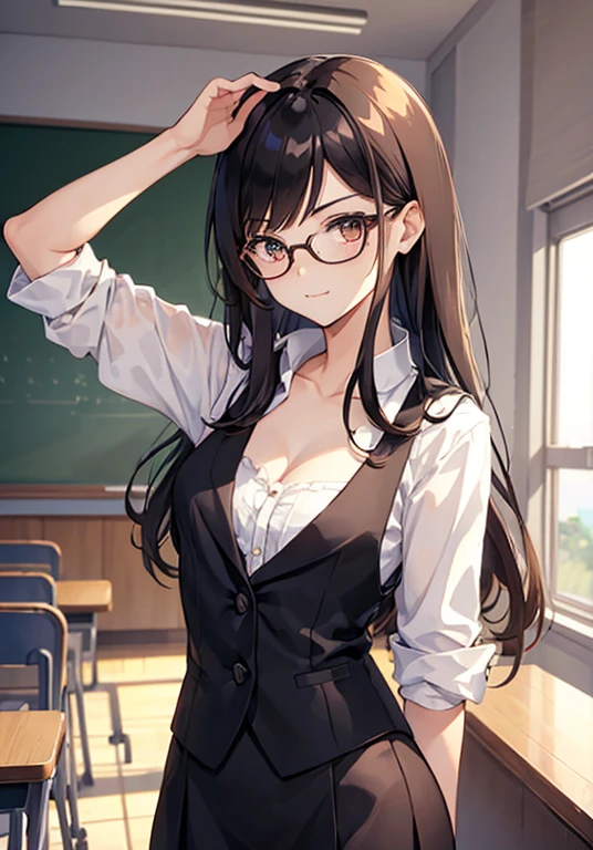 ((masterpiece)), ((best quality)), (ultra-detailed), anime style, in the classroom, a pretty woman, solo, vest, beautiful black hair, beautiful brown eyes, ((beautiful eyes)), flat breast, tiny breast, slim, slender, glasses, triumphant look, smug look, self-satisfied look, cool