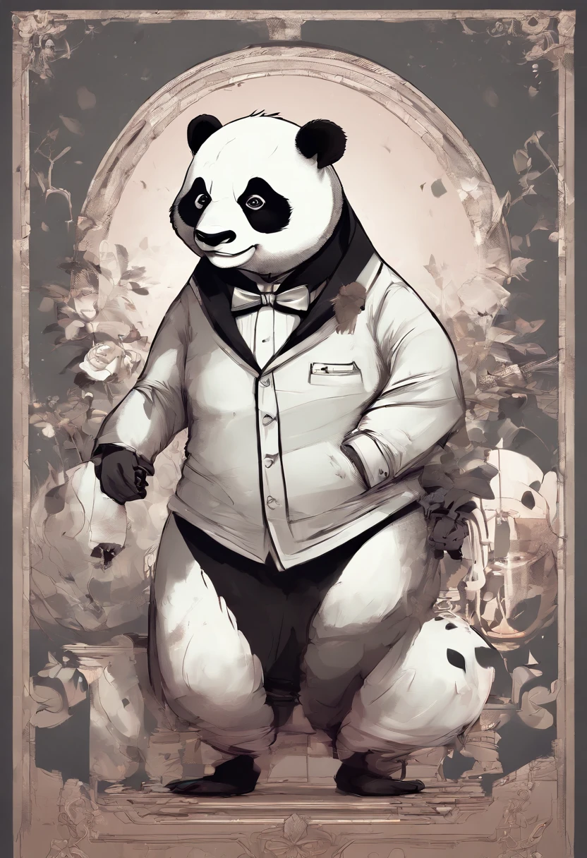anthropomorphic panda, de cuerpo entero, vestido formalmente con un blazer, sostiene una bandeja, pegatina de panda, sticker de panda.