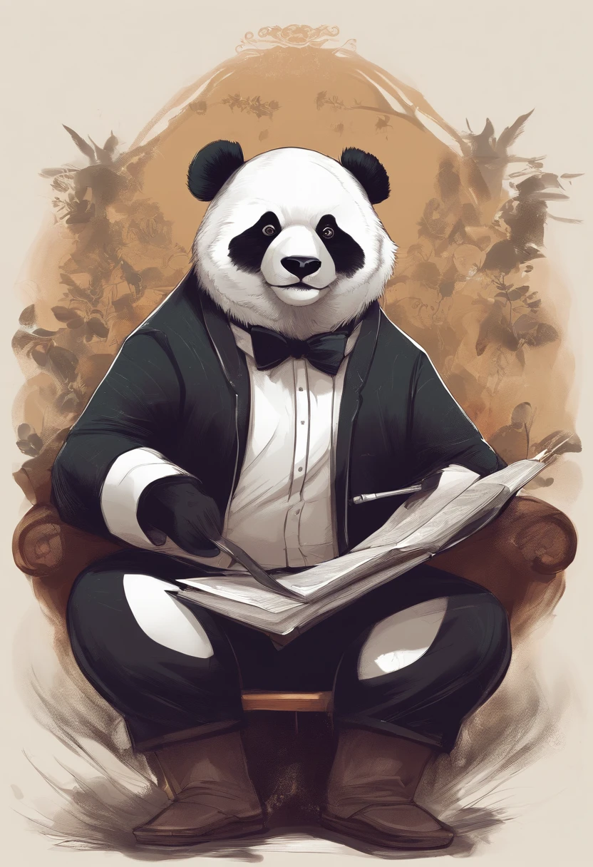 anthropomorphic panda, de cuerpo entero, vestido formalmente con un blazer, sostiene una bandeja, pegatina de panda, sticker de panda.