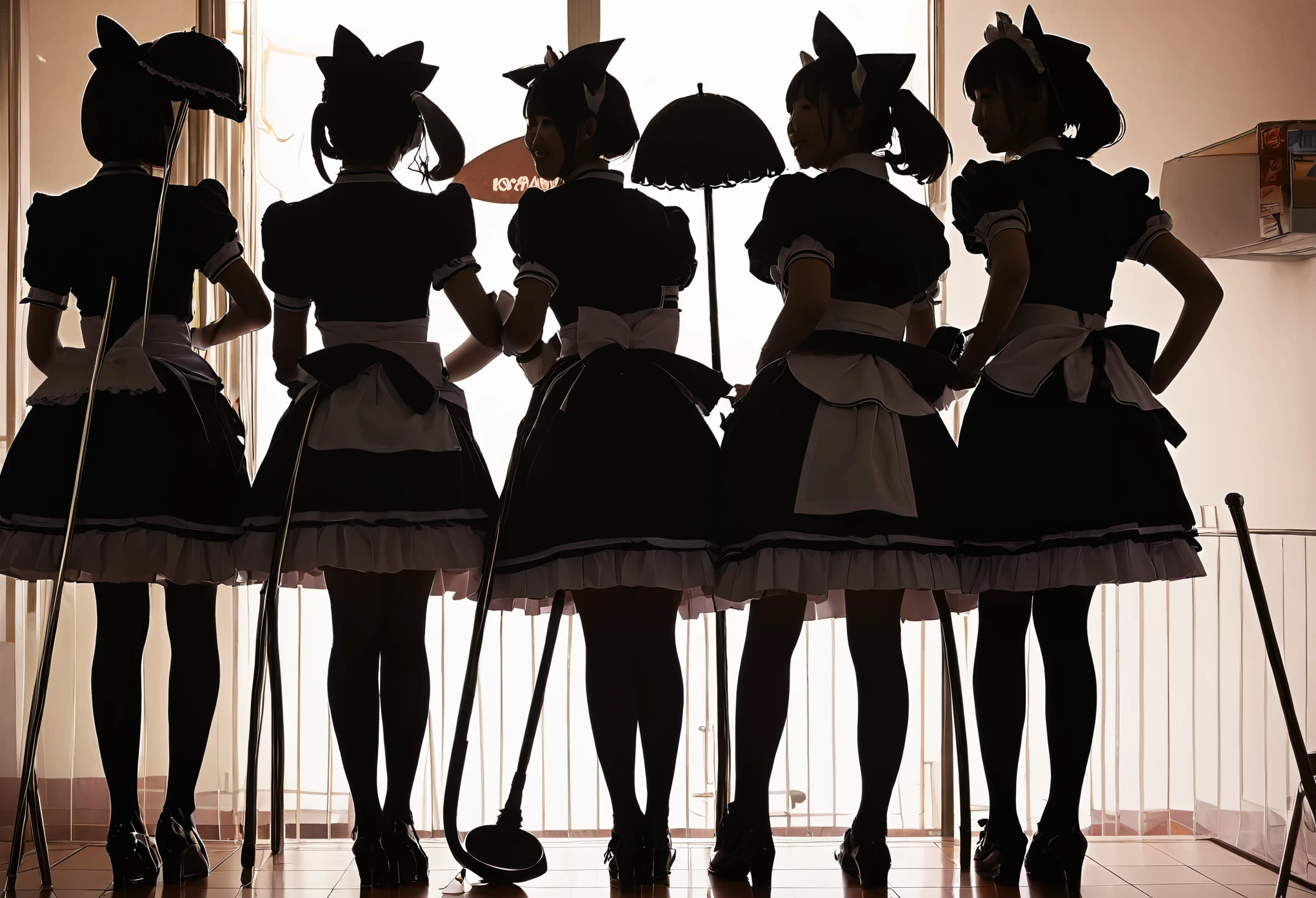 People standing in a line々Close up of a group of, japanese maid cafe, page, silhouette,