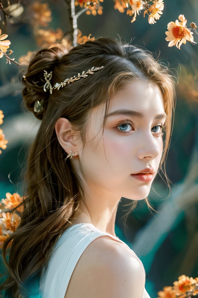 ( masterpiece, top quality, best quality,8k, girl,ultra detailed,raw photo:1.5),(photorealistic:1.4), (cinematic lighting), PerfectNwsjMajic, , Surrealism, UHD, ccurate, Super detail, textured skin, High detail, Best quality, dynamic angle, White skin,[Beautiful blue eyes], high nose,[flat chest:large breasts:0.5],(1girl),((good anatomy:0.5)),(covered in flowers:1.4), night sky, interested in, fire and ice, (The image is divided into two，Available in a variety of colors:2), eyes blues, sapphire, liquid metal, night sky, (Look at an angle:1.3), (fire and ice), ((Lower chrome)), (hairpin:1.4), (forest:1.3), (fog: 1.3),  Subtle colors and tones, mystical aura ,dreamy atmosphere,expressive brush strokes, mystical ambiance, Artistic interpretation, upper body, long hair, (light brown streaked hair, brown hair)