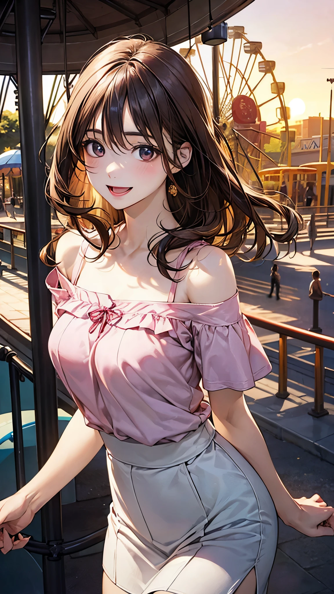 (masterpiece:1.2, top-quality), (realistic, photorealistic:1.4), beautiful illustration, (natural side lighting, movie lighting), nsfw,
looking at viewer, 1 girl, japanese, high school girl, perfect face, cute and symmetrical face, face, shiny skin,
(middle hair, straight hair, long sideburns, bronzehair), hair between eyes, gold eyes, long eye lasher, (medium breasts), slender,
beautiful hair, beautiful face, beautiful detailed eyes, beautiful clavicle, beautiful body, beautiful chest, beautiful thigh, beautiful legs, beautiful fingers,
(detailed cloth texture, break, short sleeves off-the-shoulder ruffled pink blouse, break, white skirt),
(beautiful scenery), sunset, (amusement park, go-round, ferris wheel), walking, (turn around), (lovely smile, open mouth),