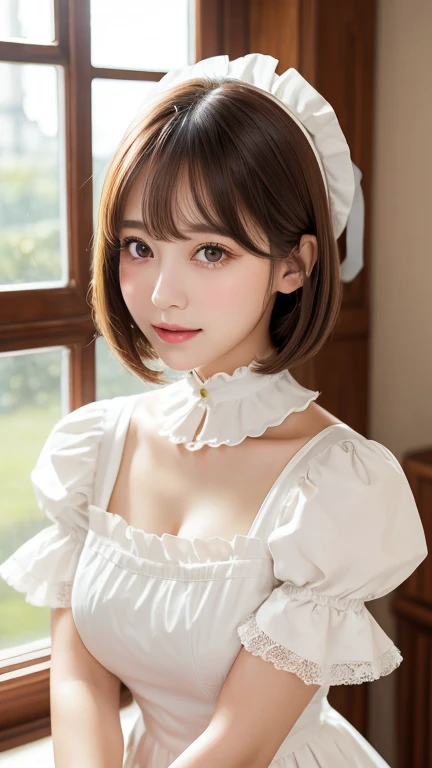 Beautiful white and shining skin、Chestnut-colored hair that changes with the light、Long bangs between the eyes that block vision、Cheek gloss highlighter、Sexy and very beautiful lovely gorgeous face、The most beautiful face in the world、Short Bob、Smooth straight hair、Medium chest、Beautiful breasts、Cleavage、Big, bright eyes、Beautiful Bangs、Beautiful and beautiful woman、Small Face Beauty、Golden Ratio、Natural smile、Head ornament、White blouse、Black Ribbon、Puff sleeves、collar、choker、White apron with fine frills、Black maid outfit、Beautiful thighs、