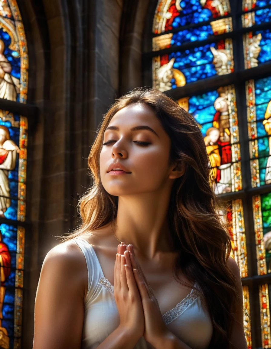 (best quality,4k,8k,highres,masterpiece:1.2),ultra-detailed,(realistic,photorealistic,photo-realistic:1.37),cathedral,girl praying to God,nude,artistic photo,pure beauty,sunlight streaming through stained glass windows,serene expression,innocent and ethereal,breathtaking atmosphere,hushed whispers of devotion,divine connection,transcendent moment,sacredness,dreamlike quality,sublime lighting,architectural magnificence,divine embrace,elaborate sculptures and carvings,heavenly aura,spiritual journey,vibrant colors,dappled light,ethereal glow,heavenly realm,the girl's graceful curves highlighted by the sunlight,female form celebrated as art,prayerful solitude,peaceful serenity,spiritual enlightenment,unspoken desires,touch of vulnerability,celestial ethereality,magical realism,exquisite details,poetic composition