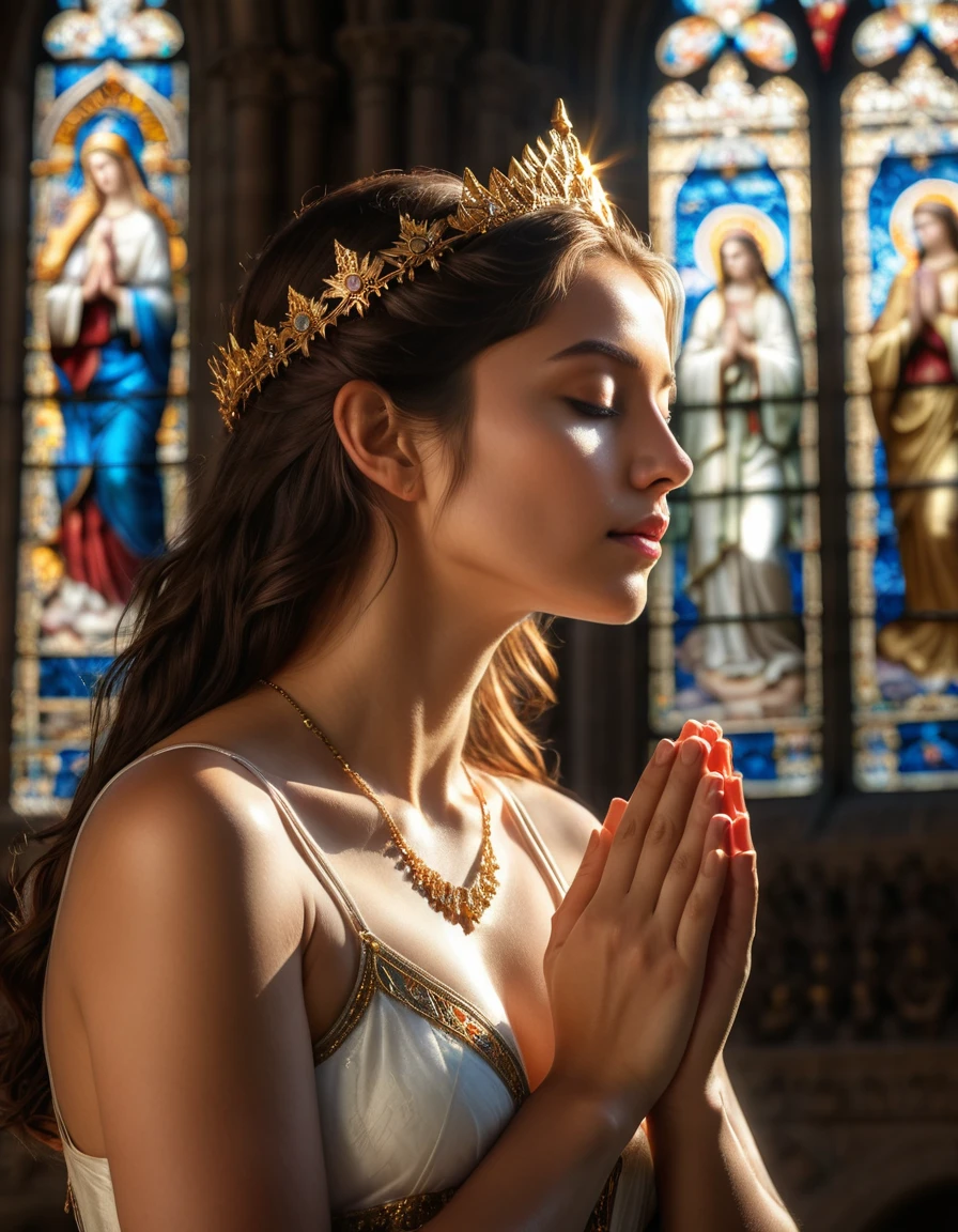 (best quality,4k,8k,highres,masterpiece:1.2),ultra-detailed,(realistic,photorealistic,photo-realistic:1.37),cathedral,girl praying to God,nude,artistic photo,pure beauty,sunlight streaming through stained glass windows,serene expression,innocent and ethereal,breathtaking atmosphere,hushed whispers of devotion,divine connection,transcendent moment,sacredness,dreamlike quality,sublime lighting,architectural magnificence,divine embrace,elaborate sculptures and carvings,heavenly aura,spiritual journey,vibrant colors,dappled light,ethereal glow,heavenly realm,the girl's graceful curves highlighted by the sunlight,female form celebrated as art,prayerful solitude,peaceful serenity,spiritual enlightenment,unspoken desires,touch of vulnerability,celestial ethereality,magical realism,exquisite details,poetic composition