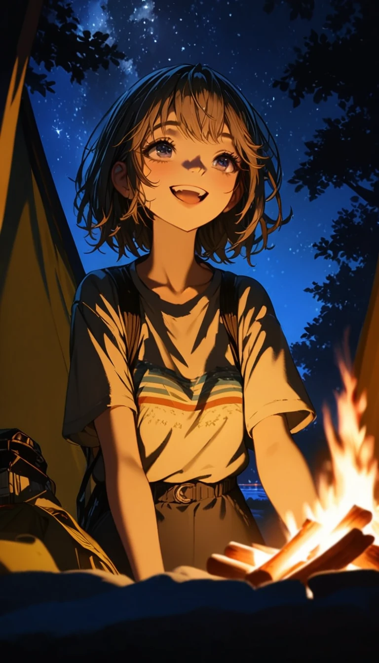1 girl, ((super detailed, high resolution, super detailed, top quality, amazing, top quality, highly detailed CG Unity 8k wallpaper, cinematic lighting)), campfire, lakeside at night, tent and camping gear, girls standing next to tent, smiling, looking up at stars, good times, spacious, soft campfire light, best memory,