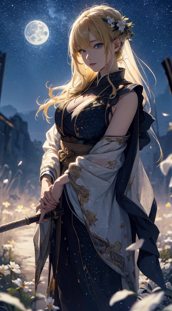 masterpiece, high quality, 4K, Beautiful design, silhouette，blonde，Side Tail， 非常に詳細な夜のStarry Sky,Flower Field， wonderful, Finer details,  Very knowledgeable woman, Highly detailed solo, 1 female,Beautiful Eyes，tears，Big Breasts，White sleeveless，rain，Night view，Starry Sky，full moon，