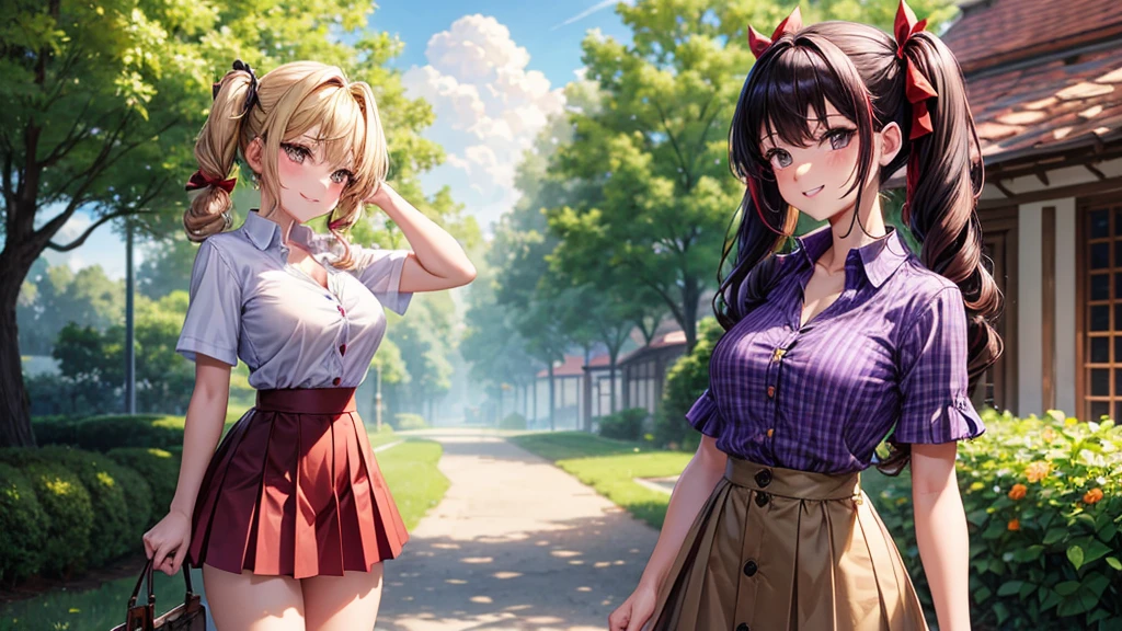 1girl, full body, summer, village, trees, sun, clouds, ((colorful hair)), curly hair, twintail, large breasts, button down shirt, ((purple shirt)), ((short sleeved shirt)), ((unbuttoned shirt)), unbuttoning buttons, popping buttons, cleavage 1:3, brown eyes, ((red black skirt)), grin, looking at the viewer, touching neck, standng, hair ribbon, golden necklate