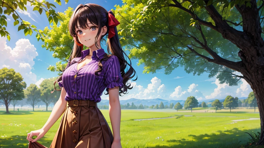 1girl, full body, summer, village, trees, sun, clouds, ((colorful hair)), curly hair, twintail, large breasts, button down shirt, ((purple shirt)), ((short sleeved shirt)), ((unbuttoned shirt)), unbuttoning buttons, popping buttons, cleavage 1:3, brown eyes, ((red black skirt)), grin, looking at the viewer, touching neck, standng, hair ribbon, golden necklate