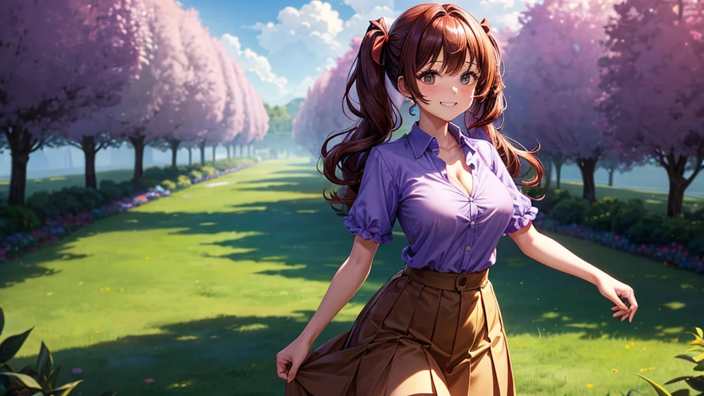 1girl, full body, summer, village, trees, sun, clouds, ((colorful hair)), long hair, curly hair, ponytail, large breasts, button down shirt, ((purple shirt)), ((short sleeved shirt)), ((unbuttoned shirt)), unbuttoning buttons, popping buttons, cleavage 1:3, brown eyes, ((red black skirt)), smile, looking at the viewer, touching neck, standng, hair ribbon, golden necklate