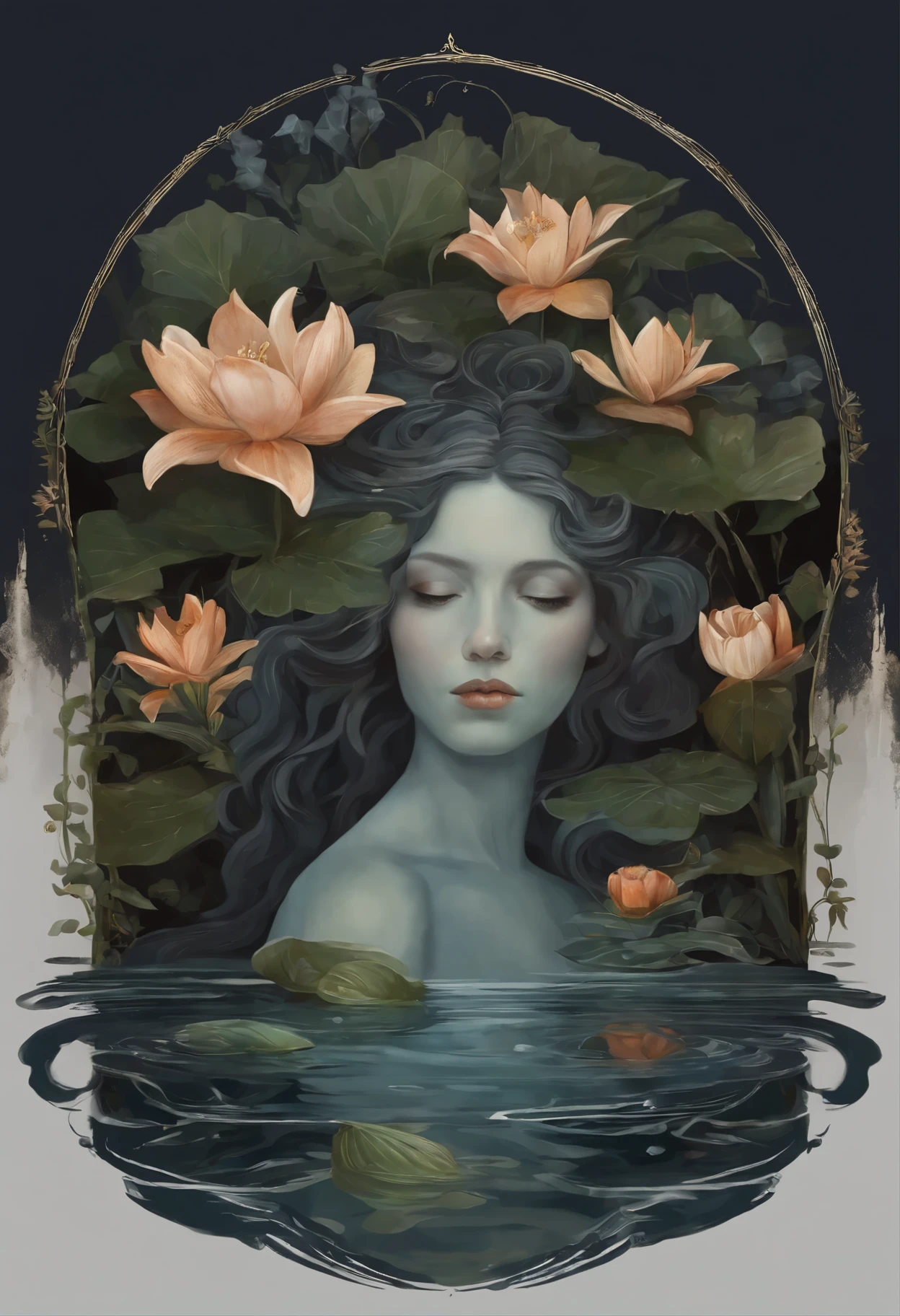 Ultra-detailed watercolor logo ,Frog in the pond, Dark Background,Gothic, Gray Hair, Anthropomorphic men, Male figure, Detailed cover art, Like a flower goddess, In the style of Alfons Maria Mucha and Gustave Kilmut, Acentos New Art, Alphonse Mucha, Gustavo Klimt, Dark bluish skin, Marble sculpture, CGSesociedade, Gothicアート, New Art, Behance Contest Winner