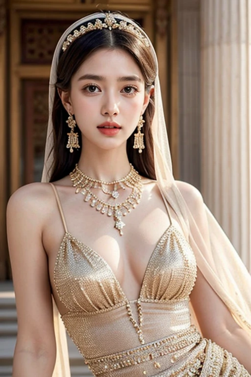 8K, ultra hd, masterpiece, very realistic, 1 girl, elegant, jewelry, accessories, earrings, necklace,  radom Arabian dresses ,4 dresses, Arabian girl, medium breasts, radom hairstyles, 4 hairstyles, perfect lips, golden ratio, graceful,ancient Arabic, 