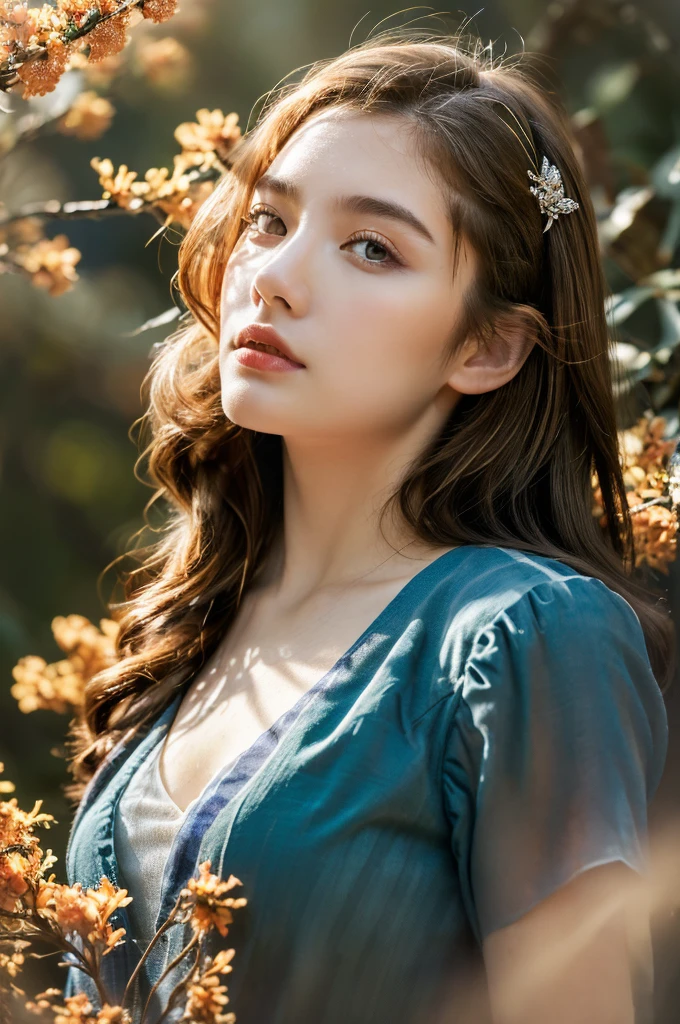 ( masterpiece, top quality, best quality,8k,17 years old girl,ultra detailed,raw photo:1.5),(photorealistic:1.4), (cinematic lighting), PerfectNwsjMajic, , Surrealism, UHD, ccurate, Super detail, textured skin, High detail, Best quality, dynamic angle, White skin,[Beautiful blue eyes], high nose,[flat chest:large breasts:0.5],(1girl),((good anatomy:0.5)),(covered in flowers:1.4), night sky, interested in, fire and ice, (The image is divided into two，Available in a variety of colors:2), eyes blues, sapphire, liquid metal, night sky, (Look at an angle:1.3), (fire and ice), ((Lower chrome)), (hairpin:1.4), (forest:1.3), (fog: 1.3),  Subtle colors and tones, mystical aura ,dreamy atmosphere,expressive brush strokes, mystical ambiance, Artistic interpretation, upper body, long hair, (light brown streaked hair, brown hair)