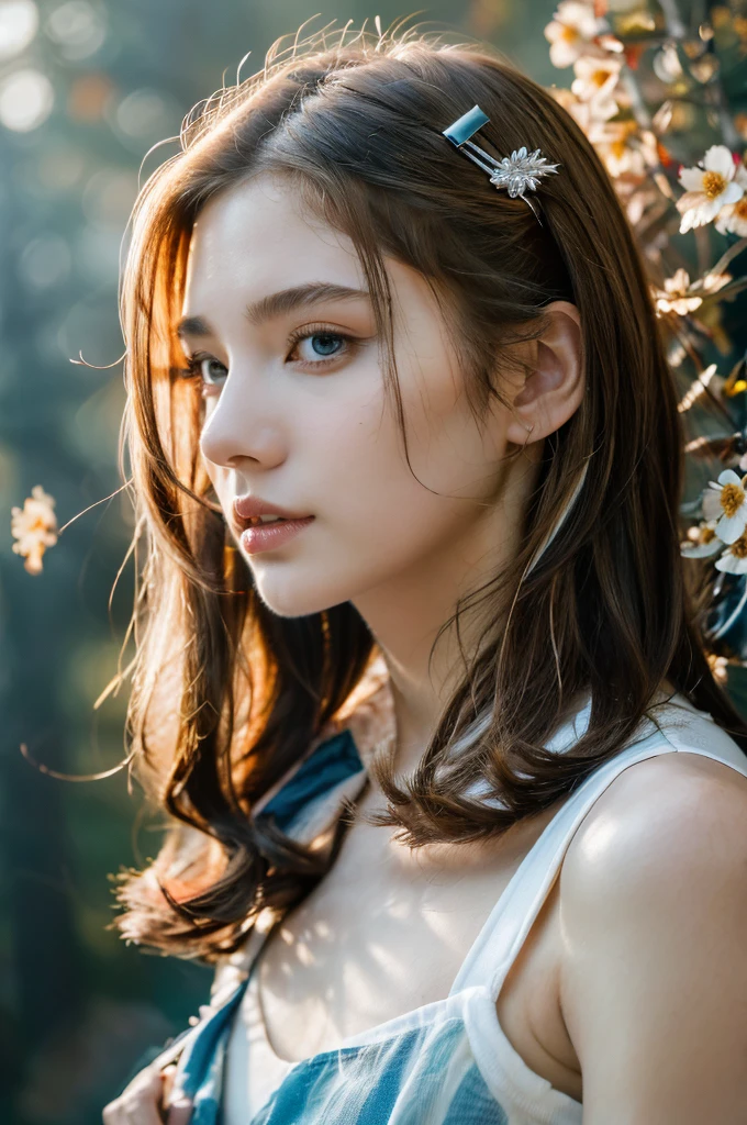 ( masterpiece, top quality, best quality,8k,17 years old girl,ultra detailed,raw photo:1.5),(photorealistic:1.4), (cinematic lighting), PerfectNwsjMajic, , Surrealism, UHD, ccurate, Super detail, textured skin, High detail, Best quality, dynamic angle, White skin,[Beautiful blue eyes], high nose,[flat chest:large breasts:0.5],(1girl),((good anatomy:0.5)),(covered in flowers:1.4), night sky, interested in, fire and ice, (The image is divided into two，Available in a variety of colors:2), eyes blues, sapphire, liquid metal, night sky, (Look at an angle:1.3), (fire and ice), ((Lower chrome)), (hairpin:1.4), (forest:1.3), (fog: 1.3),  Subtle colors and tones, mystical aura ,dreamy atmosphere,expressive brush strokes, mystical ambiance, Artistic interpretation, upper body, long hair, (light brown streaked hair, brown hair)