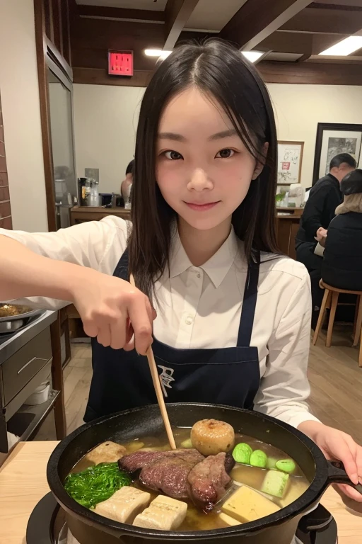 best quality，a girl，Detailed face，There is a Chinese hotpot in the front，Fat cattle，lamb leg，Green vegetableeat on the table