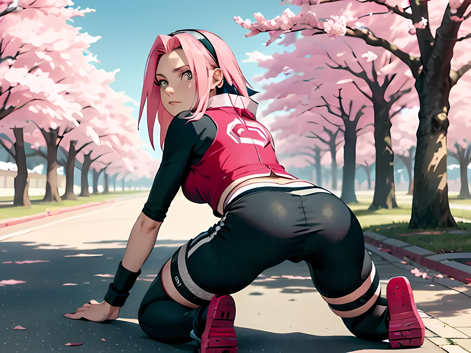 the masterpiece， Best quality at best， 1 Girl， Sakura Haruno， ，red clothes，（split)，Grew, to be sexy，shy，angry，with pink hair， long pink hair， （green eyes:1.4)， Forehead Protection， cherry trees，flying cherry blossoms, pop in full face, rear, palms touch the ground, kneeling ,tight black bicycle shorts,the body is strongly tilted forward, the back is arched back, hips are wide and straight