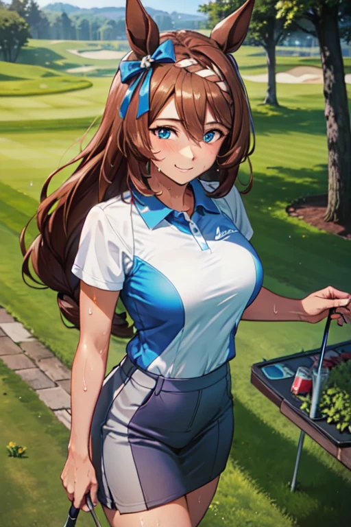 (High quality, High resolution, Fine details), Realistic, super creek \(umamusume\), woman, golf player, garden, green grass,sporty, athletic physique, confident expression, professional golfer, elegant pose, fashionable outfit, sunlight, leaves rustling in the wind, leisurely atmosphere, scenic beauty, summer morning, solo, curvy women, sparkling eyes, (Detailed eyes), (smile), blush, (Sweat), (Oily skin), shallow depth of field