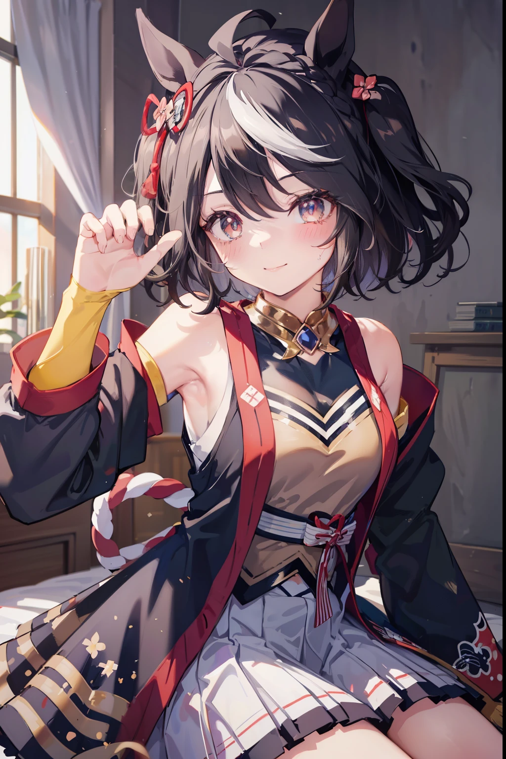 Kitasan Black、blush,smile、Horse Girl、Black and red outfit、In uniform、、The back is very small、Lolita、Small breasts、Show me your armpits、exterior: 14 years old、Shoulder Bicle is visible、Sexy thighs、Beautiful feet、Usual hairstyle、highest quality, High resolution, unity 8k wallpaper, (shape:0.8), (Beautiful and beautiful eyes:1.6), Highly detailed face, Perfect lighting, Extremely detailed CG, (Perfect hands, Perfect Anatomy),