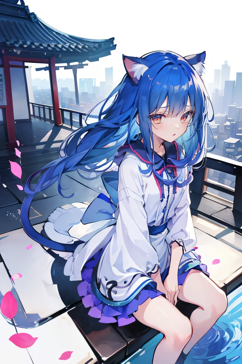 (masterpiece:1.2),Super detailed,lifelike,Expressive eyes,fair skin,perfect face shape,1 girl,
Japanese comics,Gorgeous blue hair,flowing blue hair,flowing clothes,Cat ears,Petals fall,beautiful lola,Baby Angel,
Cross your legs,Gentle and peaceful background,The pavilion is cool and comfortable,smile, wearing hoodie, background of tokyo,back views,snowing, winter,sad face ,crying.
