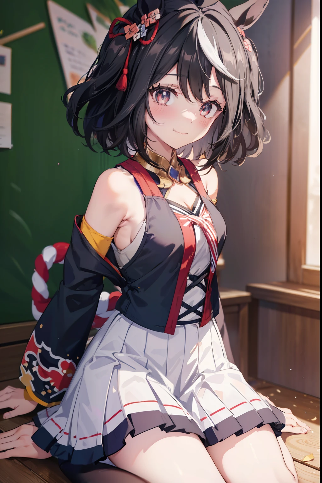Kitasan Black、blush,smile、Horse Girl、Black and red outfit、In uniform、、The back is very small、Lolita、Small breasts、Show me your armpits、exterior: 14 years old、Shoulder Bicle is visible、Sexy thighs、Beautiful feet、Usual hairstyle、highest quality, High resolution, unity 8k wallpaper, (shape:0.8), (Beautiful and beautiful eyes:1.6), Highly detailed face, Perfect lighting, Extremely detailed CG, (Perfect hands, Perfect Anatomy),