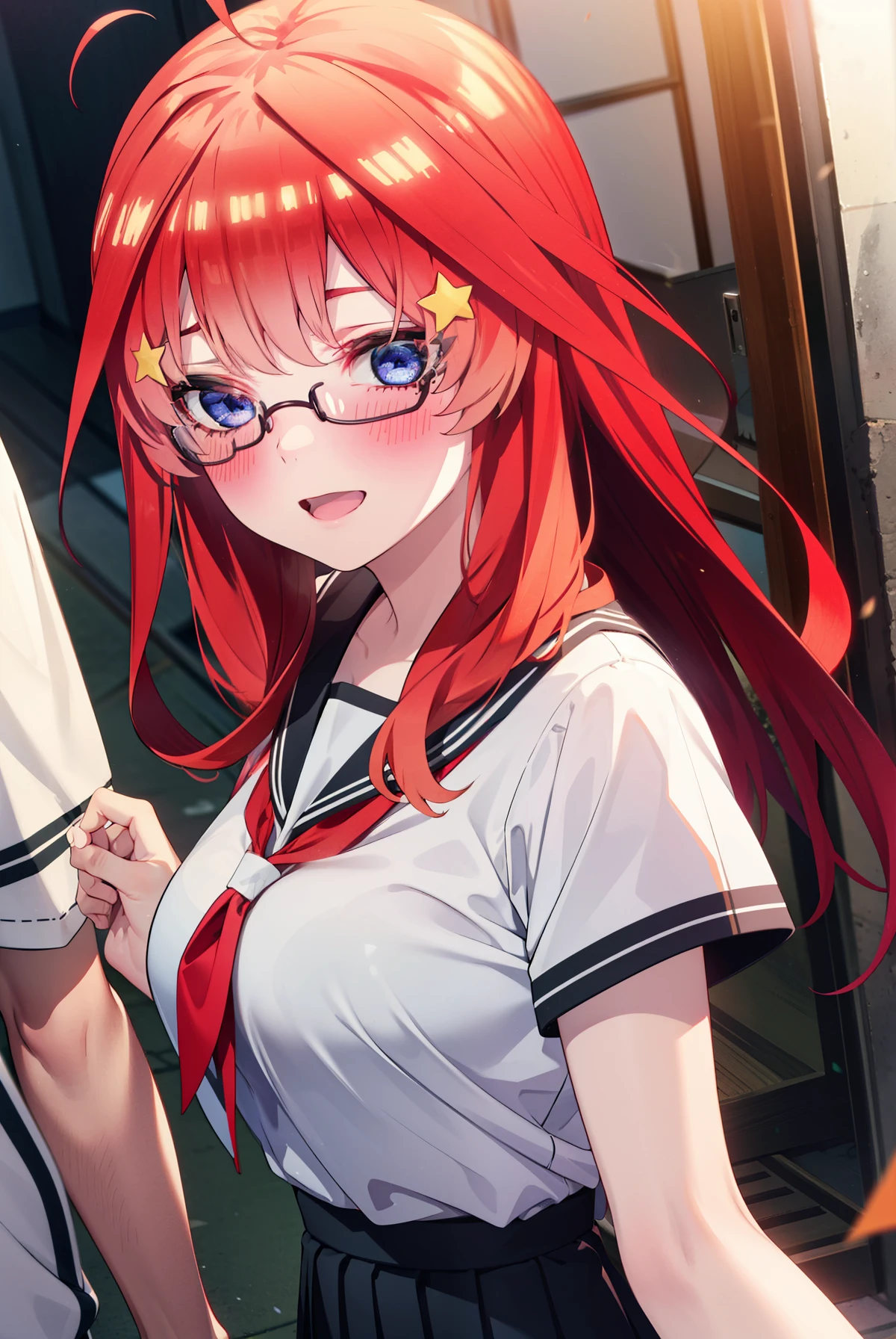 itsukinakano, Itsuki Nakano, bangs, blue eyes, Hair between the eyes, Ahoge, Redhead, star \(symbol\), hair ornaments, star 髪飾,blush,smile、happy smile, smile, Open your mouth,Akagi glasses,Big Breasts,Japan High School Girl(Black sailor suit),Short sleeve,black pleated skirt,Black knee-high socks,Brown loafers,Walking,morning,morning陽,The sun is rising,whole bodyがイラストに入るように,Walking上から見下ろす,
break outdoors, In town,Building district,
break looking at viewer, whole body,
break (masterpiece:1.2), highest quality, High resolution, unity 8k wallpaper, (figure:0.8), (Beautiful fine details:1.6), Highly detailed face, Perfect lighting, Highly detailed CG, (Perfect hands, Perfect Anatomy),