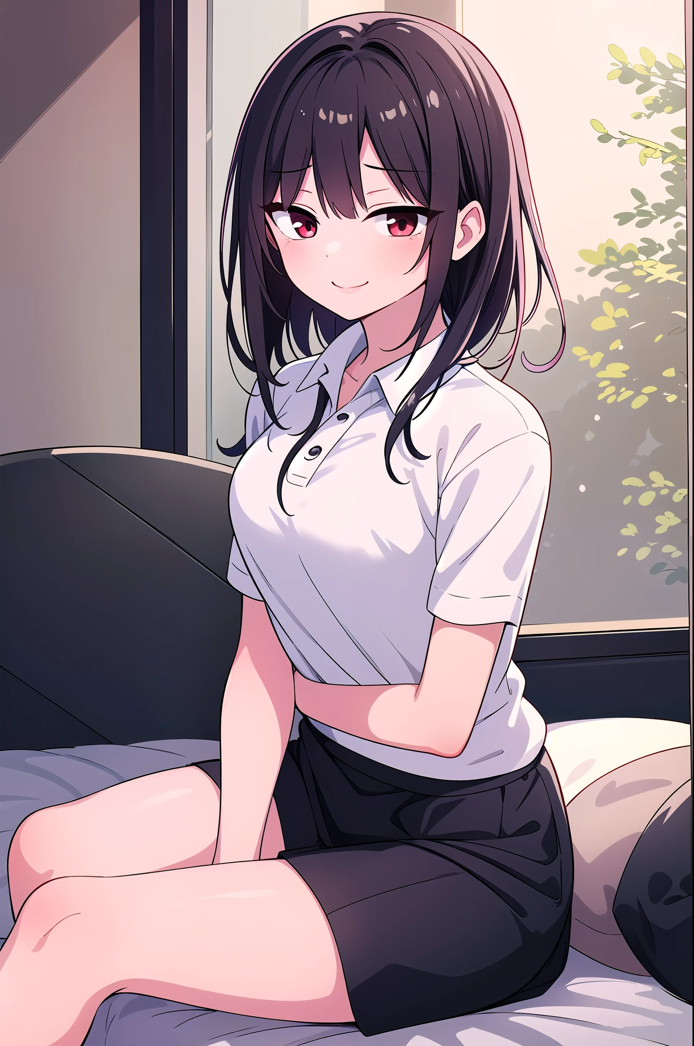 An anime-style illustration of a young female character with short, dark hair and bright red eyes. She is wearing a white polo shirt and a black skirt. The character is sitting on a bed in a bedroom setting, with a window in the background. The lighting and shading create a soft, warm atmosphere around the character. seductive smile, blush