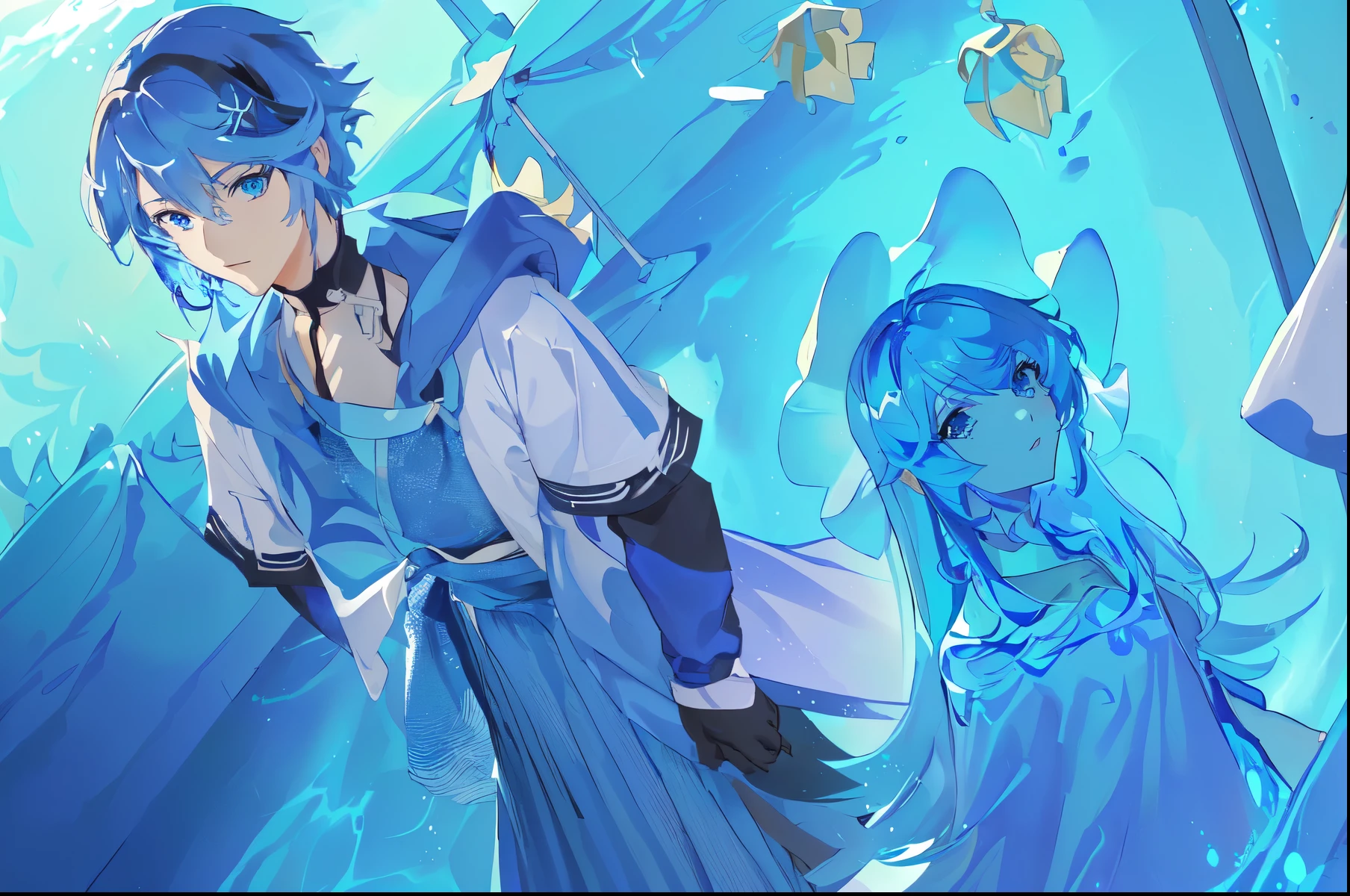 Cartoon character in blue clothing standing in front of blue background, Wallpaper Anime Blue Water, Genshin Impact, Anime style 4k, keqing from Genshin Impact impact, anime art wallpaper 8 k, Genshin Impact impact character, blue and cyan, Genshin Impact impact, Genshin Impact impact style, Blue Ocean, Fantasy style anime, Anime Art Wallpaper 4k