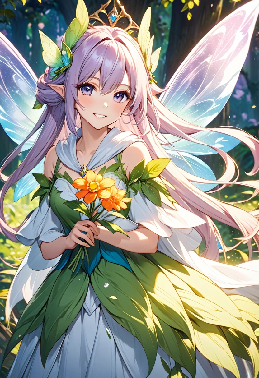 A woman wearing a fairy costume and holding a flower in her hand, Beautiful fantasy anime, 8k high quality detailed art, Anime fantasy artwork, Detailed anime art, anime art wallpaper 4k, anime art wallpaper 4k, Detailed anime artwork, Smiling like a fairy queen, Anime Art Wallpapers 8K, Beautiful anime artwork, Anime fantasy illustration, Detailed digital anime art