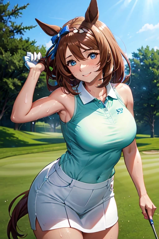 (High quality, High resolution, Fine details), Realistic, super creek \(umamusume\), woman, golf player, garden, green grass,sporty, athletic physique, confident expression, professional golfer, elegant pose, fashionable outfit, sunlight, leaves rustling in the wind, leisurely atmosphere, scenic beauty, summer morning, solo, curvy women, sparkling eyes, (Detailed eyes), (smile), blush, (Sweat), (Oily skin), shallow depth of field